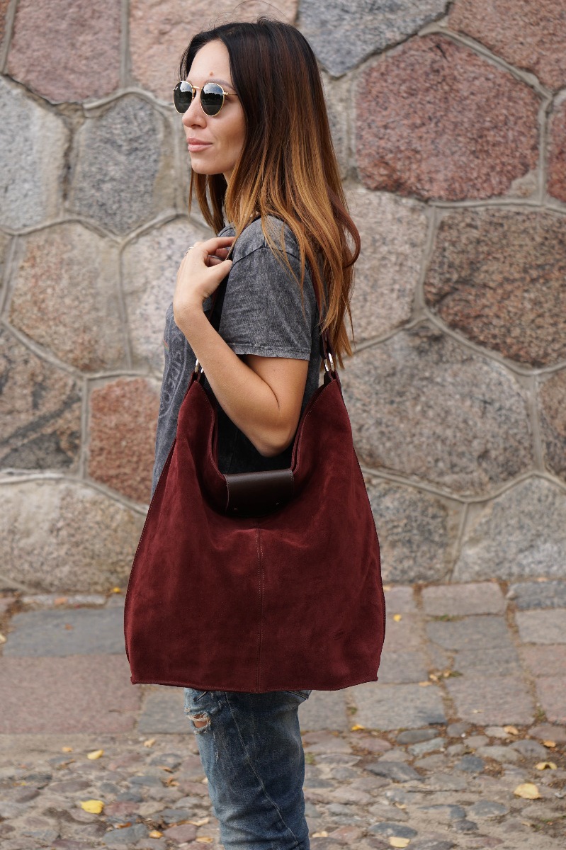 Slouch leather bag in BURGUNDY. Dark RED hobo bag. Boho bag.Book or ta –  Handmade suede bags by Good Times Barcelona