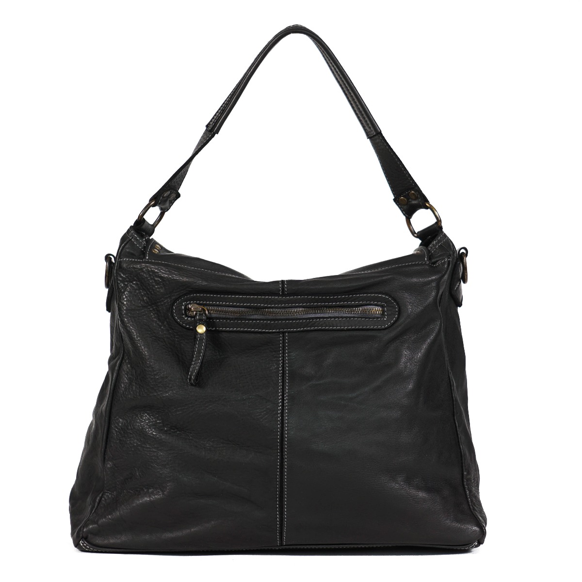 Black washed leather women messenger bag with studs